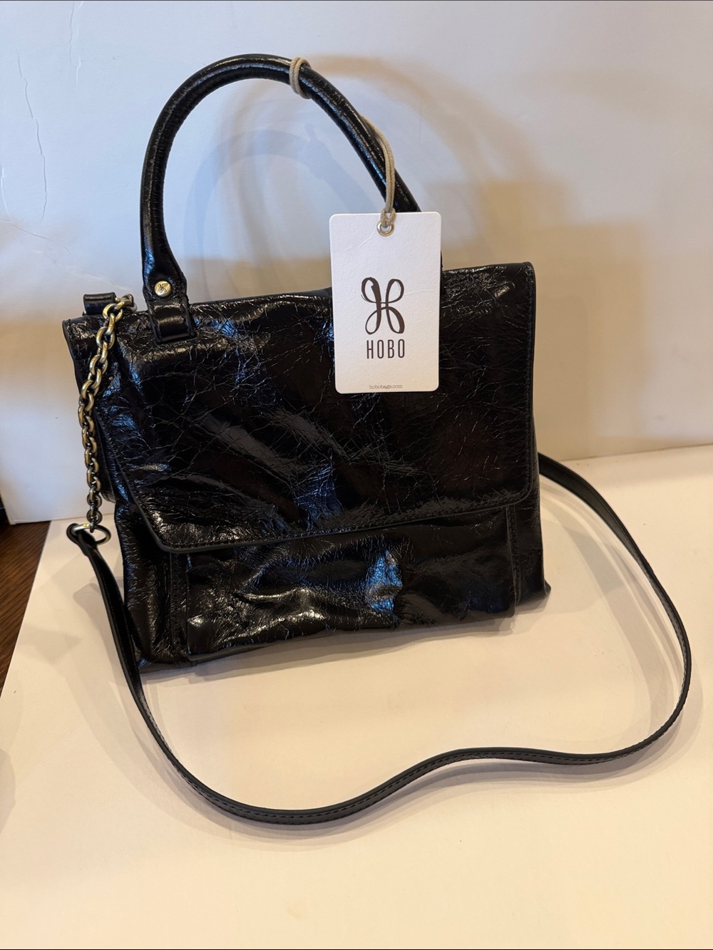 NWT HOBO Black Patent Leather Satchel with Chain Accent